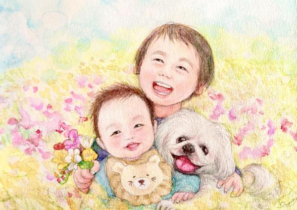 お子さま、ペットを含むご家族を描いた水彩画の似顔絵で、何気ない日々の生活を彩ります