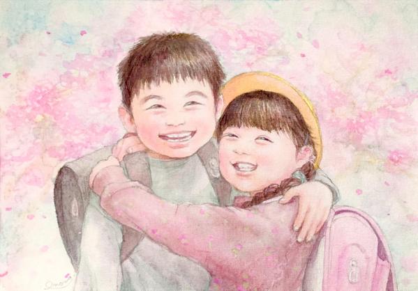 お子さま、ペットを含むご家族を描いた水彩画の似顔絵で、何気ない日々の生活を彩ります