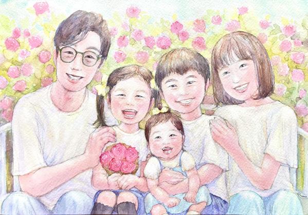 お子さま、ペットを含むご家族を描いた水彩画の似顔絵で、何気ない日々の生活を彩ります
