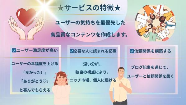 SEO対策・ブログ記事作成サービス
ユーザー満足度が高い、読まれる記事を提供します