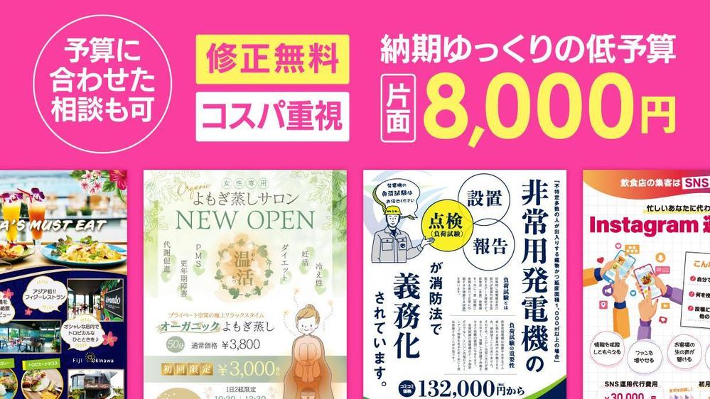 【修正は何回でも無料】片面8,000円／両面12,000円から制作します