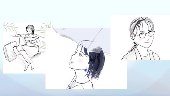 【ファッション・美容向け】女性の表情から仕草までを水墨画風のタッチで描きます