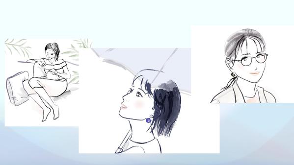 【ファッション・美容向け】女性の表情から仕草までを水墨画風のタッチで描きます