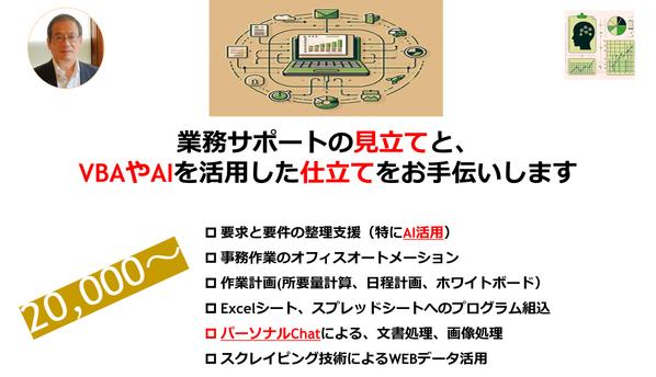 業務サポートの見立てと、
VBAやAIを活用した仕立てをお手伝いします