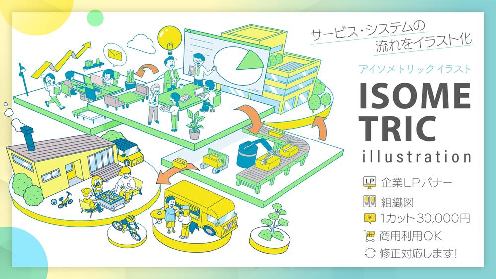 【アイソメトリック・俯瞰】情報の多いイラストもシンプルに親しみやすく仕上げます