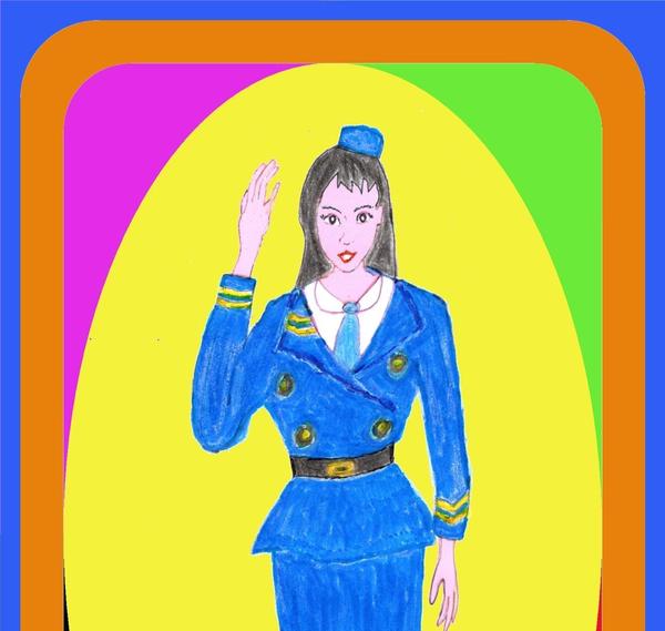 イラストで鉄道むすめ的な紺の制服の女性像、若い乙女を描きます