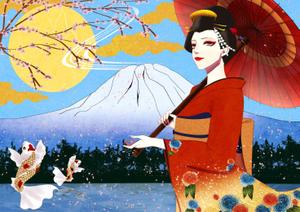ぴこぴー (minapi)さんの花魁の人物・桜、鯉、富士山等の背景イラストへの提案