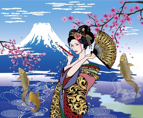 花魁の人物・桜、鯉、富士山等の背景イラスト - STUDIO ZEAK の提案
