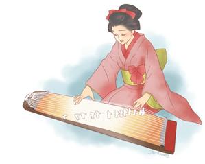 Stoneberry (Stoneberry)さんの江戸時代についての郷土歴史書の挿絵：江戸時代風なイラスト（着物姿の女性が琴を弾いているイラスト）への提案