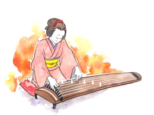 タナセユウ (tanaseyuu)さんの江戸時代についての郷土歴史書の挿絵：江戸時代風なイラスト（着物姿の女性が琴を弾いているイラスト）への提案