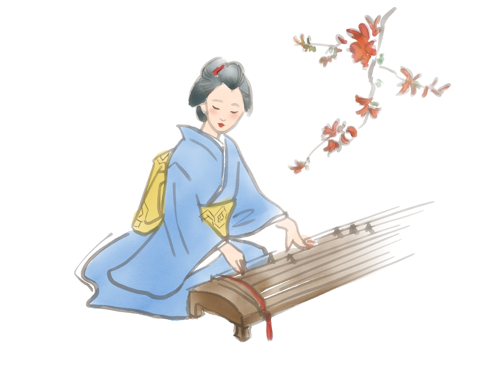 Nekoyamannendoさんの事例 実績 提案 江戸時代についての郷土歴史書の挿絵 江戸時代風なイラスト 着物姿の女性が琴を弾いているイラスト お世話になります 琴 クラウドソーシング ランサーズ