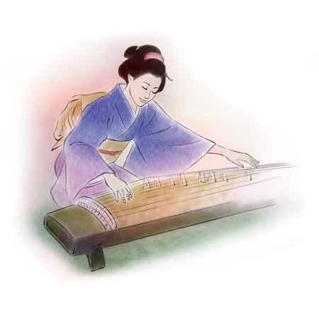 Tomotomoshoさんの事例 実績 提案 江戸時代についての郷土歴史書の挿絵 江戸時代風なイラスト 着物姿の女性が琴を弾いているイラスト Revina 様 クラウドソーシング ランサーズ