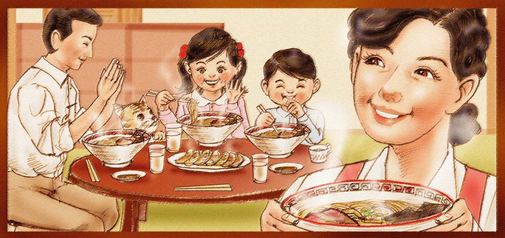 小さなラーメン店の正面に設置する、昭和レトロなイメージのイラスト