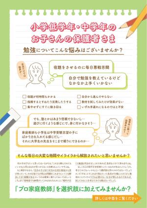 デザイン南極堂 (d-nankyokudo)さんのプロ家庭教師（個人）による生徒募集・無料体験学習の告知チラシ （詳細な文章案あり）への提案