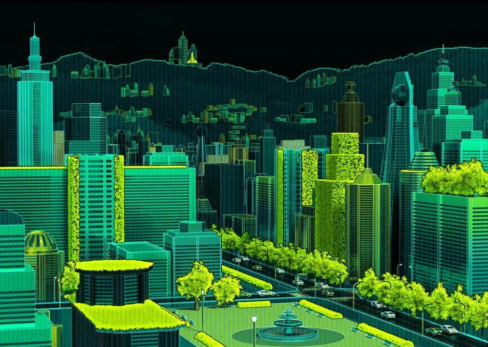 街並み風景を基に、将来予測の過程を表現するイラスト３点