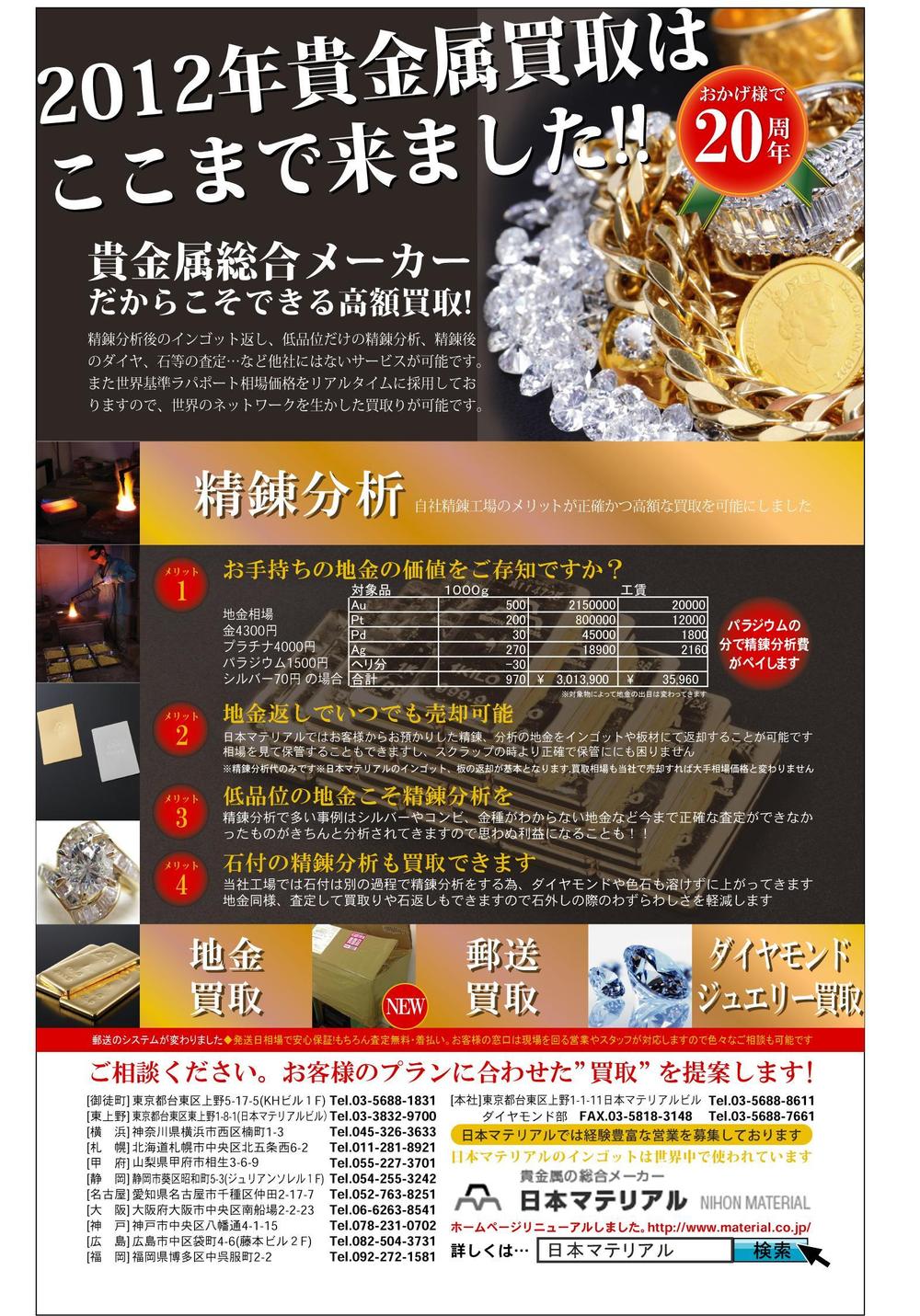 貴金属総合メーカーの業界新聞、業界紙の広告、ＤＭ用チラシ制作　ホームページ素材