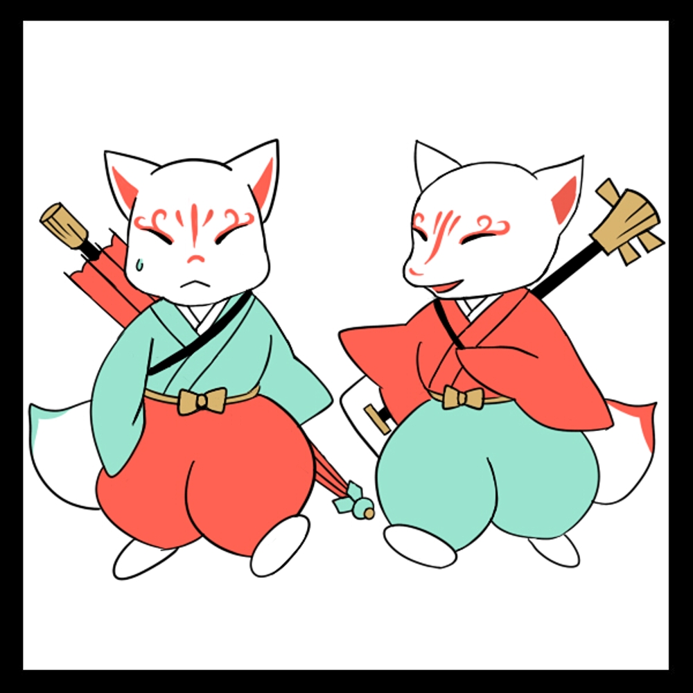 二匹の狐による、｢傘踊りの図｣