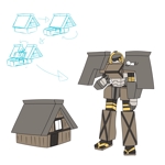 鈴木のろちか (aggchu)さんのトランスフォーマー風、もしくはジブリ風の合掌造りのロボットのイラストへの提案
