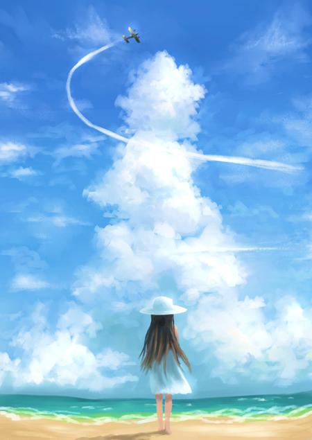 さんの事例 実績 提案 ジブリ風のイラスト制作 砂浜 青い空 雲 旋回する飛行機 初めまして Regu クラウドソーシング ランサーズ