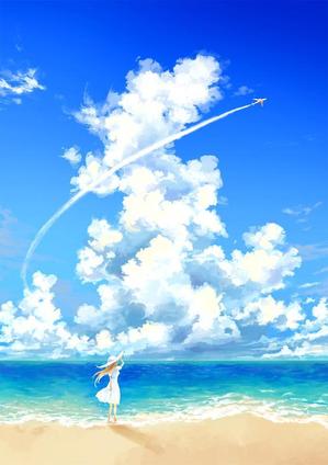 ateticsivy (ateticsivy)さんのジブリ風のイラスト制作(砂浜、青い空、雲、旋回する飛行機)への提案