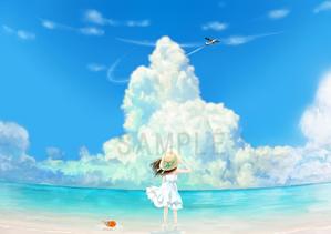 irohacya (irohacya)さんのジブリ風のイラスト制作(砂浜、青い空、雲、旋回する飛行機)への提案
