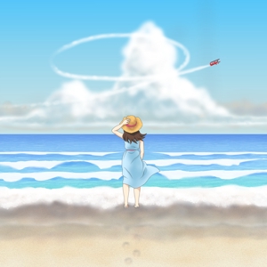鈴丸 (suzumarushouten)さんのジブリ風のイラスト制作(砂浜、青い空、雲、旋回する飛行機)への提案
