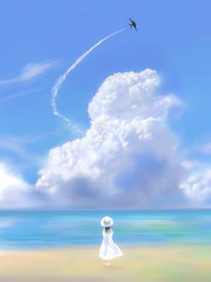 milet_424さんのジブリ風のイラスト制作(砂浜、青い空、雲、旋回する飛行機)への提案