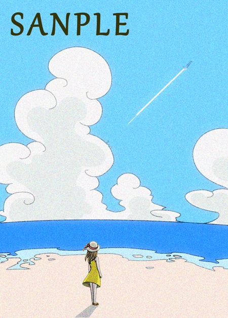 Zonzonesさんの事例 実績 提案 ジブリ風のイラスト制作 砂浜 青い空 雲 旋回する飛行機 Garopa様はじめ クラウドソーシング ランサーズ