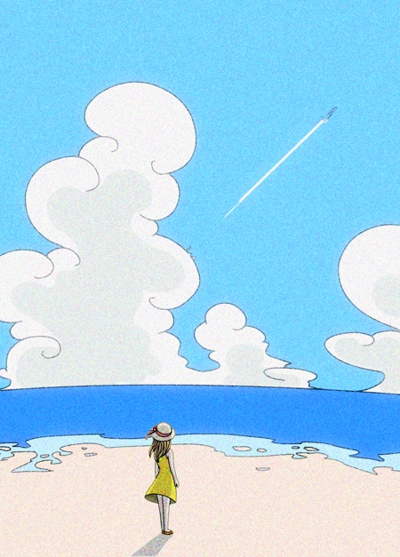 Zonzonesさんの事例 実績 提案 ジブリ風のイラスト制作 砂浜 青い空 雲 旋回する飛行機 Garopa様はじめ クラウドソーシング ランサーズ