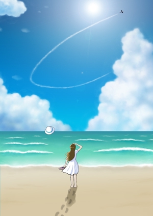 okicha-nel (okicha-nel)さんのジブリ風のイラスト制作(砂浜、青い空、雲、旋回する飛行機)への提案