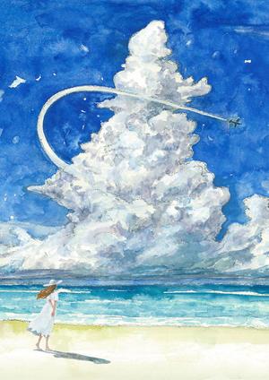 草木 葉む ()さんのジブリ風のイラスト制作(砂浜、青い空、雲、旋回する飛行機)への提案