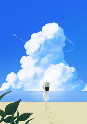 shoku04さんのジブリ風のイラスト制作(砂浜、青い空、雲、旋回する飛行機)への提案