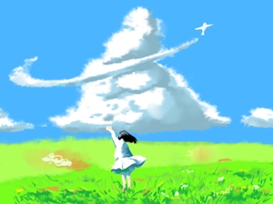 ゆえみる (YUEMIRU)さんのジブリ風のイラスト制作(砂浜、青い空、雲、旋回する飛行機)への提案