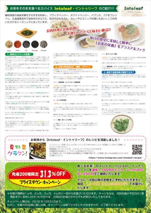 Nakaji (O_kaminaka)さんの【A3チラシ表裏デザイン】緑茶スパイス『イントゥリーフ』購入者向けチラシへの提案