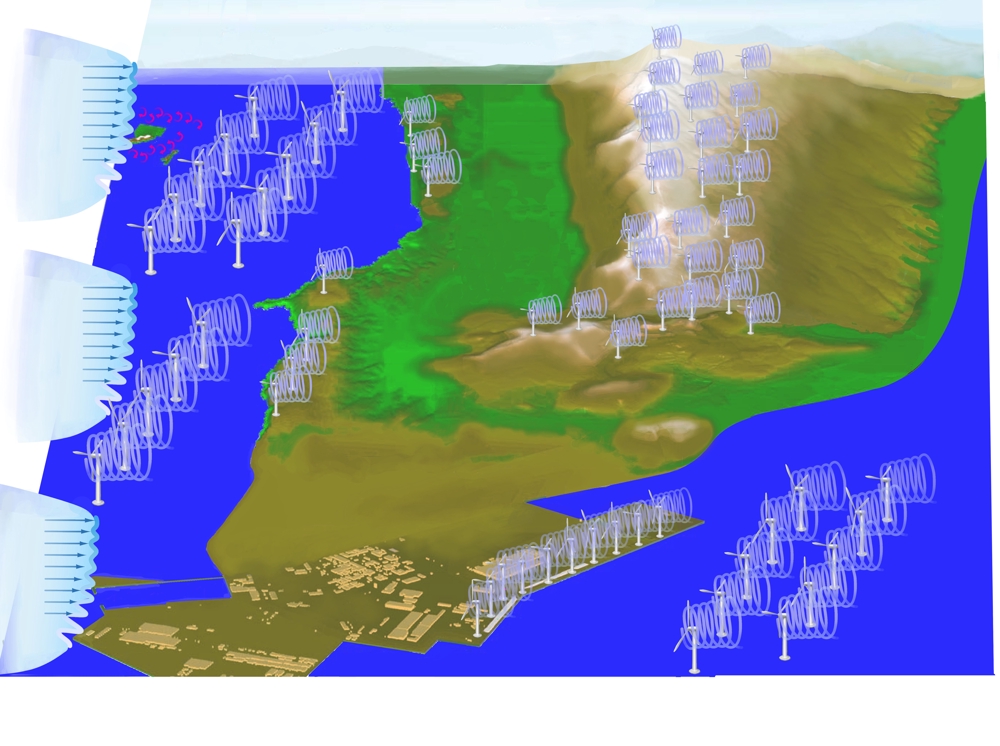 洋上，陸上(沿岸部，平野部，山間部)に風車が立地されているイメージ図