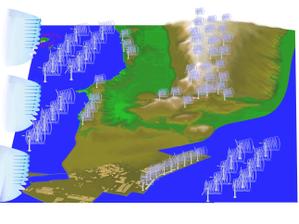 HI (hirokiey)さんの洋上，陸上(沿岸部，平野部，山間部)に風車が立地されているイメージ図への提案