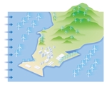松本イチロウ (tora_jiroh)さんの洋上，陸上(沿岸部，平野部，山間部)に風車が立地されているイメージ図への提案
