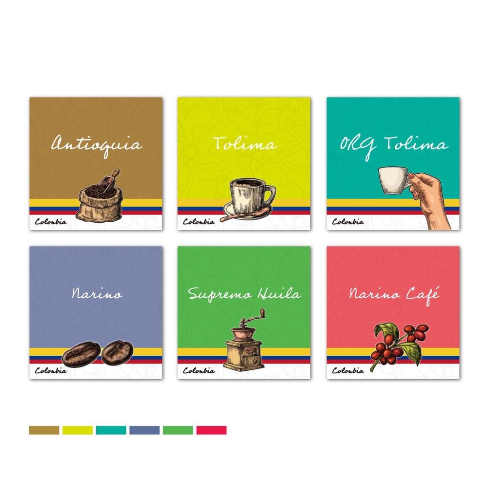 コロンビアコーヒー（粉）6種アソートパックのパッケージデザイン