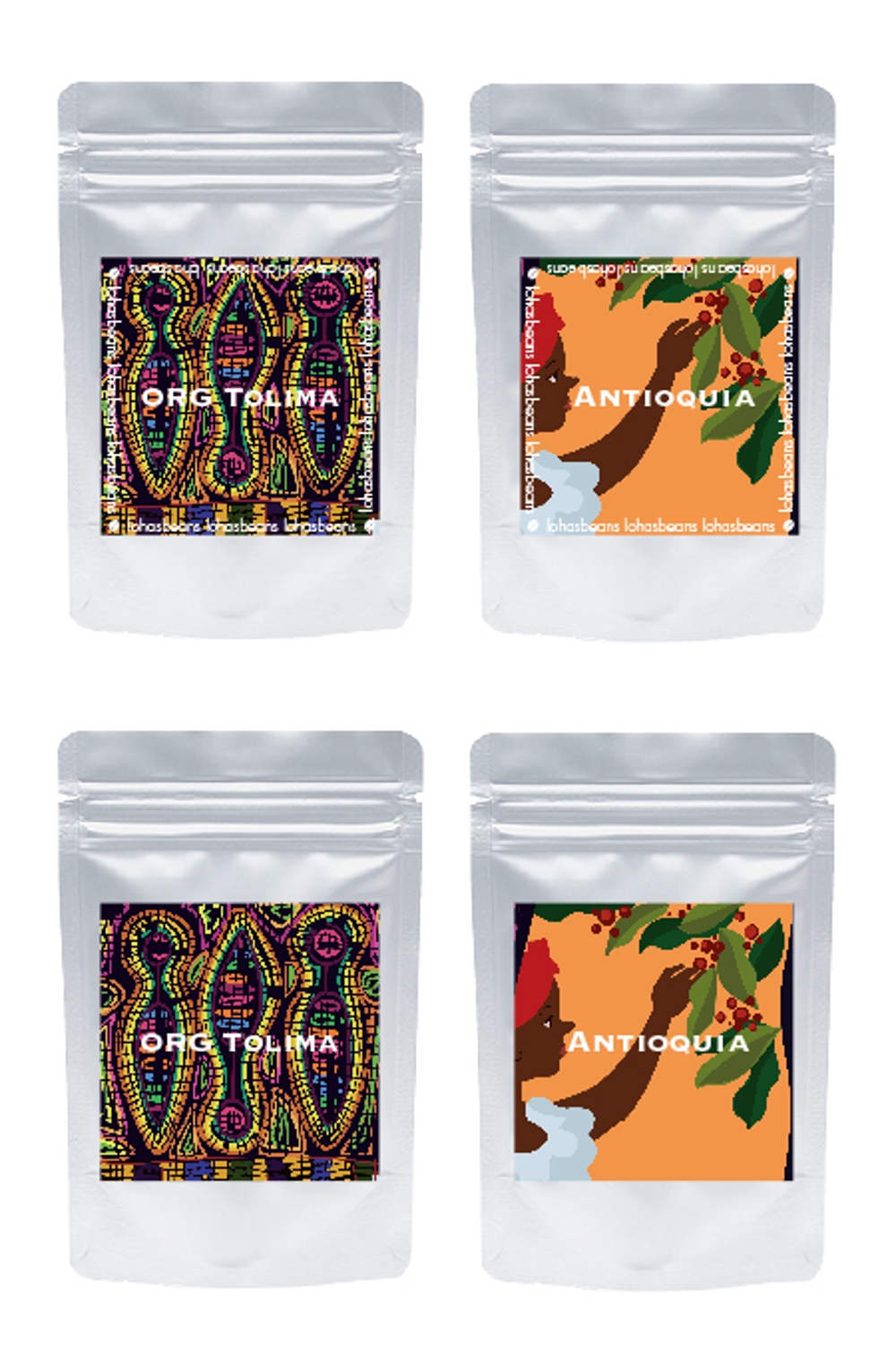 コロンビアコーヒー（粉）6種アソートパックのパッケージデザイン