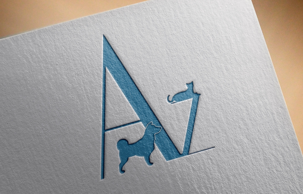 動物病院　Azをメインに犬と猫のシルエットを組み合わせたロゴ