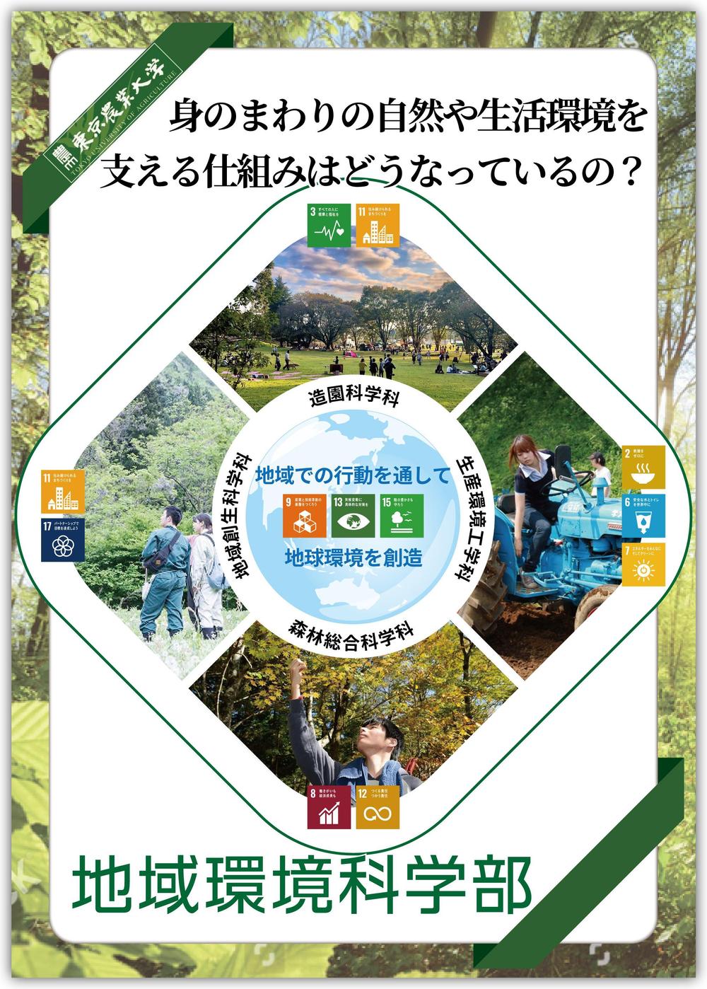 都市の緑や農山村の地域づくりを扱う学部パンフレットの表紙デザイン作成（追加業務あり）