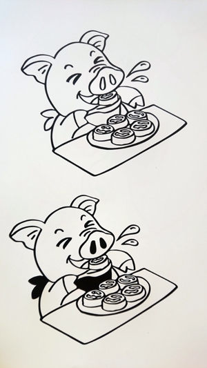 アトリエリモンチェッロ ()さんの【飲食関連】小豚が焼き小龍包を食べ、肉汁を飛ばすイラストをお願いします。への提案