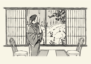よしむらやえ (uzuharu)さんの墨絵浮世絵風タッチの男性シルエットと館内イラスト制作への提案
