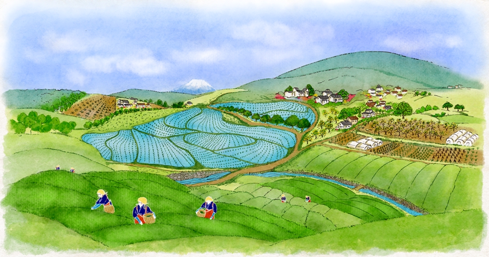 静岡の田舎の豊かな自然と温かな雰囲気が伝わる風景イラスト
