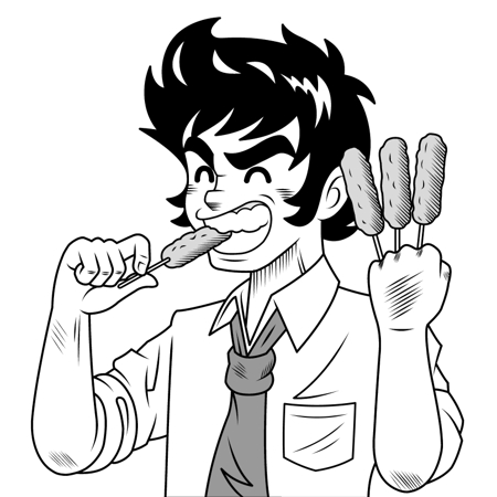 ぴ~タン (p-tan)さんの昭和っぽいアニメの30代中間の男性が串カツを美味しそうにかじる食べるイラストへの提案
