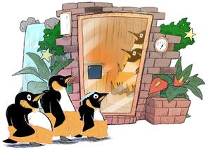ワクわーく企画部 (wakuworkplanning)さんのペンギンがサウナ室の前で待機しているイラスト／サウナグッズブランド：37zoo（サウナズー）への提案