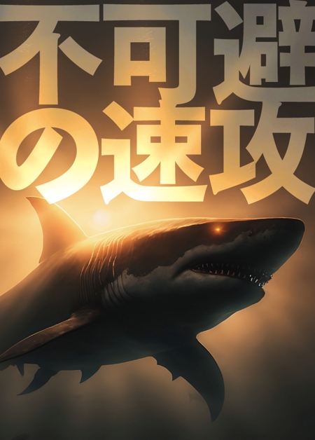shimouma (shimouma3)さんのサメの画像に「不可避の速攻」という文字を入れたデザインを作成してほしいです。への提案