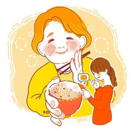 coco (coco1218coco)さんの新聞広告用のイラスト　糀入りもちもち玄米ごはんパック　おばあちゃんが食べるへの提案