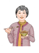 平野秀明 (space-object)さんの新聞広告用のイラスト　糀入りもちもち玄米ごはんパック　おばあちゃんが食べるへの提案
