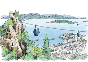 松本イチロウ (tora_jiroh)さんの水上ロープウェイ建設のプレゼンのイラスト　手書きor手書き風の風景画　2枚への提案